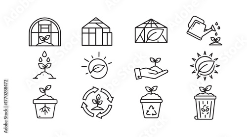 Hand-drawn greenhouse and gardening icons for sustainable agriculture and eco-friendly practices silhouette