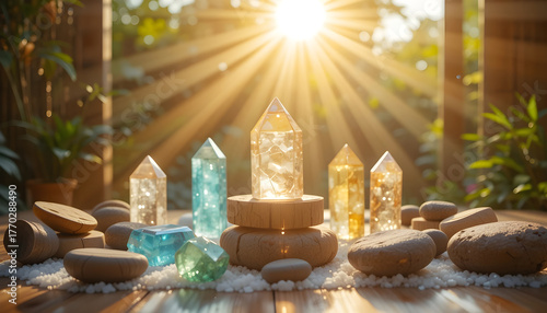 Healing Crystals and Zen Stones on a Wooden Surface Bathed in Golden Sunlight Rays