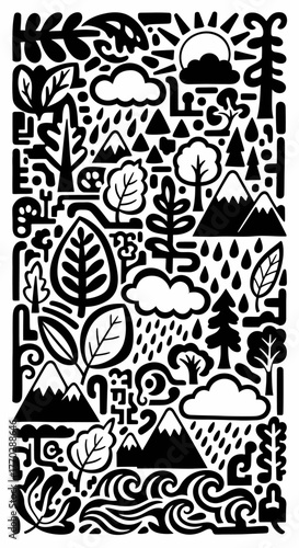 A black and white illustration featuring a collage of natural elements like trees, mountains, clouds, rain, sun, and water.