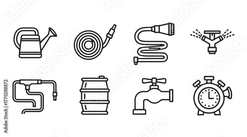Gardening equipment icons watering can hose sprinkler pressure washer barrel faucet timer icons silhouette