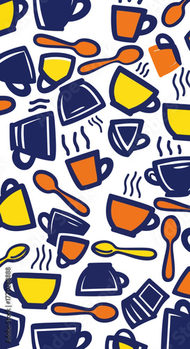 A vibrant pattern featuring various coffee cups, spoons, and steam, creating a cheerful design.