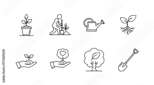 Gardening icons set seedling plant pot watering can tree shovel and hands growing silhouette
