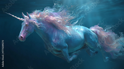 A majestic unicorn swims gracefully underwater, its horn gleaming and mane flowing. The scene is bathed in an ethereal, aquatic light, creating a fantastical atmosphere.