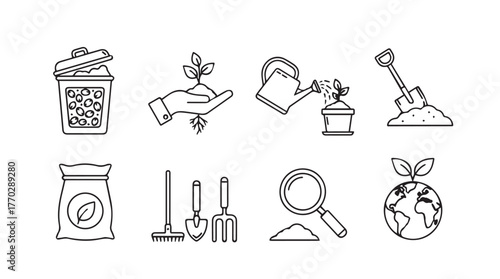 Gardening and plant growth icons seedling care tools earth and soil elements for agriculture and sustainability silhouette