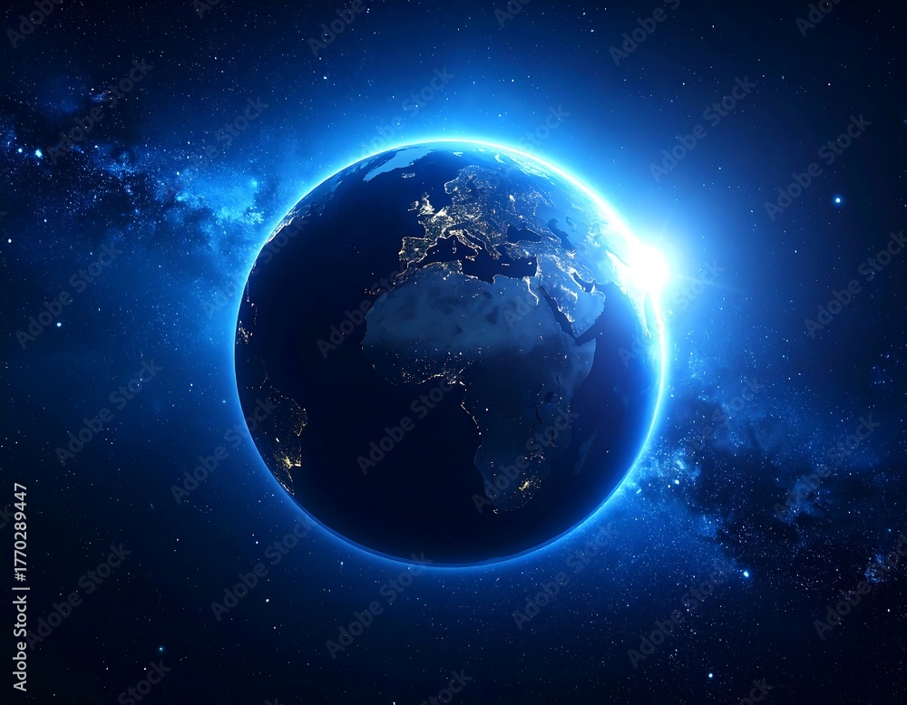 Naklejka premium Illuminated Earth in cosmic space, with a celestial sunrise