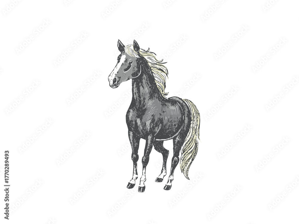 Fototapeta premium Horse vector illustration, hand drawn farm animal portrait, vintage sketch design for logo, poster or equestrian theme