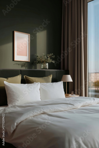 Cozy modern bedroom interior with white bedding dark green wall and large window overlooking city at sunrise