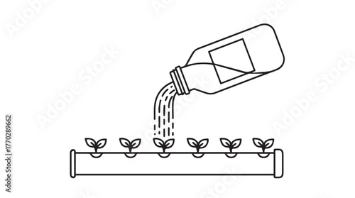 Hydroponic nutrient solution added to seedling row for plant growth and cultivation silhouette