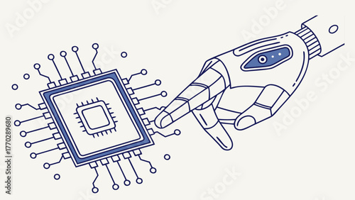 Robotic hand reaching towards digital semiconductor chip, symbolizing technology and innovation in electronics