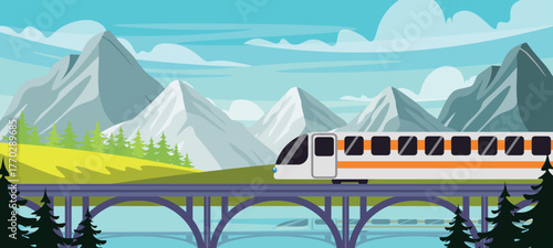 Vector illustration of a beautiful landscape with a railway train on a bridge. Cartoon scene high-speed modern train rides on bridge among picturesque landscape, hills, mountains, fir trees, sky.