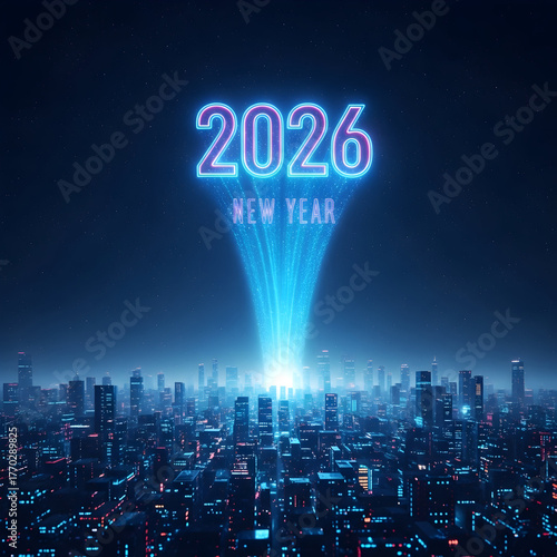 New Year 2026 Glowing Over City Skyline Celebration