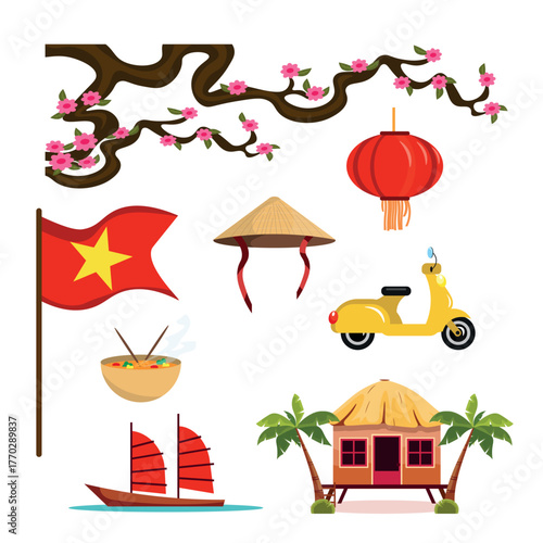 Set of Vietnamese culture symbols in cartoon style. Vector illustration:sakura branch, Vietnam flag, hat, hanging lantern, soup, scooter, boat, beach hut with palm trees isolated on white background.