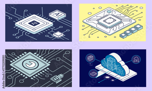 Collection Digital technology cloud with data storage, Set AI chips and circuit patterns, conveying innovation and advancement and processing image conveys