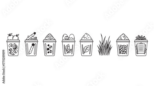 Hand drawn collection of various desserts and plants in cups minimalist style line art silhouette