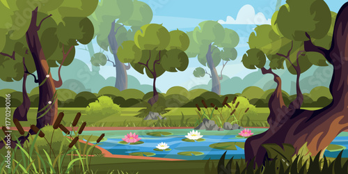 Vector illustration of an amazing sunny landscape with a river. Cartoon scene view with a river, water lilies, stones, reeds, trees with vines, flowers, bushes, grass, plants, sky, clouds, sun rays.