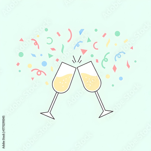 Toasting Celebration with Two Glasses and Confetti