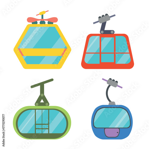 Set of colorful cable car cabins in cartoon style. Vector illustration of cable car cabins of different shapes for moving passengers on a cable isolated on white background. Landscape overview.