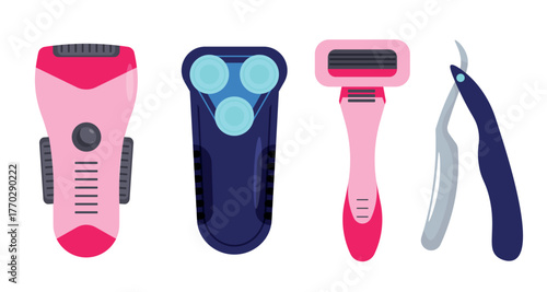 Set of different sharp razors in cartoon style. Vector illustration of pink and blue razors: razors with blades, electric razors, trimmers isolated on white background. Men's and women's razors.