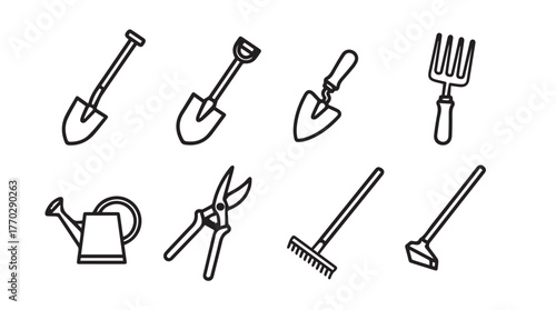 Collection of hand-drawn garden tools for outdoor activities and cultivation tasks silhouette