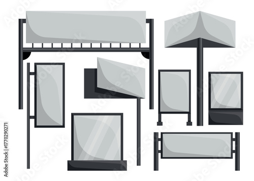 Set of modern street billboards, in cartoon style. Vector illustration of gray advertising street billboards of different types and sizes isolated on white background. Promotion of goods, services.