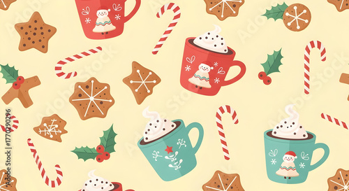 Festive Holiday Pattern with Mugs, Gingerbread and Candy Canes