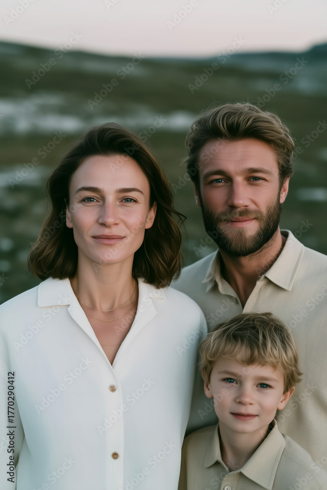 Fototapeta premium Warm outdoor family portrait of parents and child in soft evening light – close-up smiling mother, father and son, authentic connection and modern lifestyle