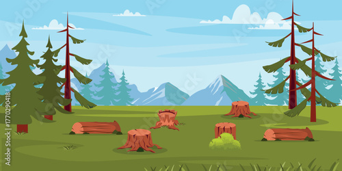 Vector illustration of a beautiful forest landscape with a clearing of stumps.Cartoon scene: sunny view of fir trees, stumps, tree trunks with grass, moss, bush, mountains, blue sky with white clouds.