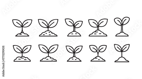 Collection of ten hand drawn seedling sprout icons representing growth and new life silhouette