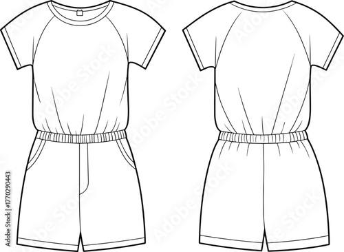 Short Quilted Puffer Jacket Technical Flat Sketch Vector Template Hooded Outerwear Zipper Fashion Design Outline.