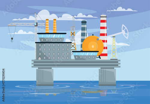 Vector illustration of oil and gas industry on water isolated on white background. Cartoon scene of offshore oil and gas industry, construction on water, lifting crane, boom pump, sea, sky, clouds.
