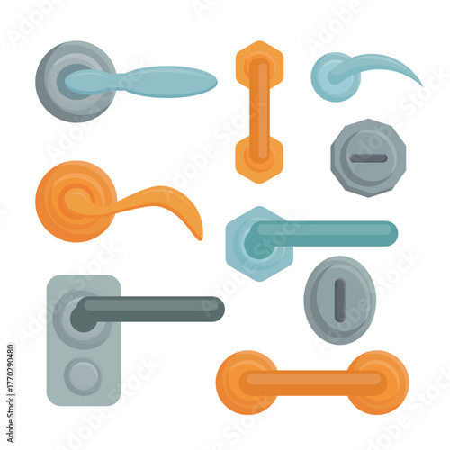 Set of metal door handles in cartoon style. Vector illustration interior door handles of different types, shapes, horizontal, vertical isolated on white background. Handles for interior doors.