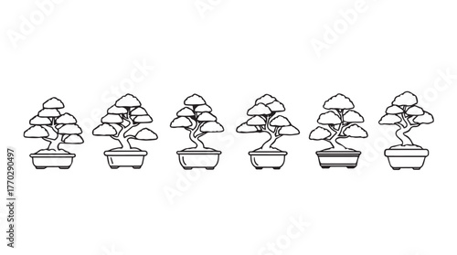 Collection of hand-drawn style bonsai trees in pots outline icons for artistic projects silhouette