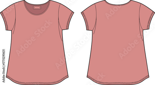 Womens Short Sleeve Tunic Dress Technical Flat Sketch Vector Template Outline A-line Apparel Mockup.