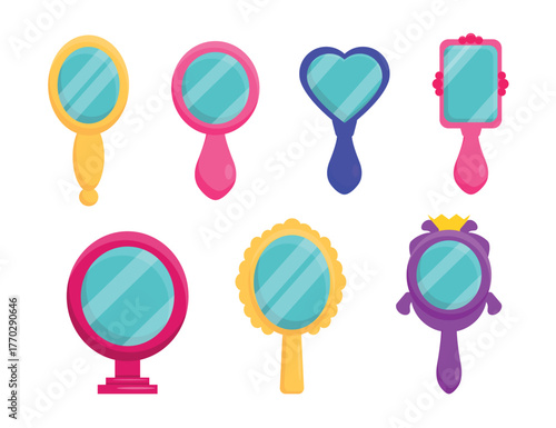 Set of beautiful girlish mirrors in cartoon style. Vector illustration of cute pink, blue, yellow, purple princess mirrors of different shapes, designs with handles isolated on white background.