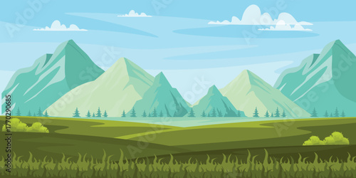 Vector illustration of a picturesque mountain landscape. Cartoon scene, beautiful mountains of different heights, small fir trees, rivers, green valleys, bushes, grass, blue sky, white clouds.