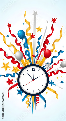 Clock with Confetti Streamers and Balloons Celebrating Event