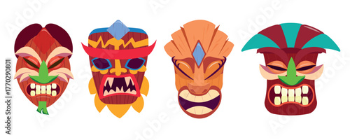 Set of wooden tiki masks in cartoon style. Vector illustration of traditional totem tiki masks with different facial expressions isolated on white background. Hawaiian and Polynesian deities.