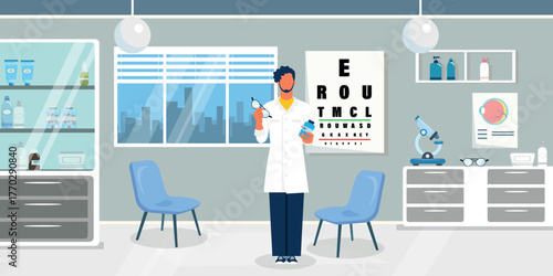 Vector illustration of ophthalmology office. Cartoon scene of a man in a white coat holding glasses, medicine, chairs, cabinet with bottles, tubes, table for determining visual acuity, microscope.