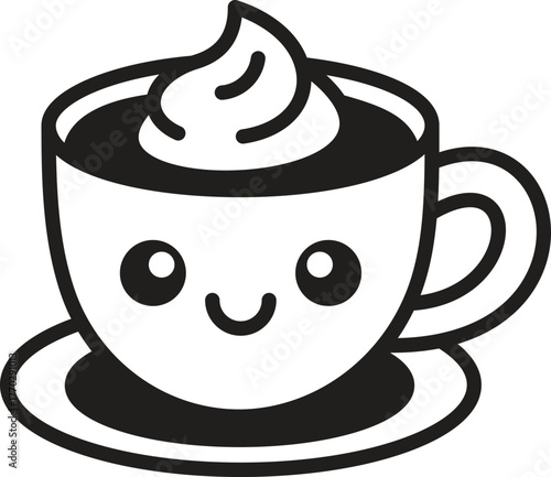 Kawaii smiling coffee cup line art vector icon illustration.