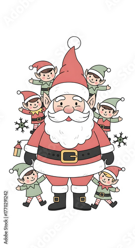 Santa with Elves Illustration for Christmas Holiday Season