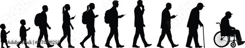 Silhouette of human life stages from childhood to old age, growth, aging, evolution, generation concept, education and aging