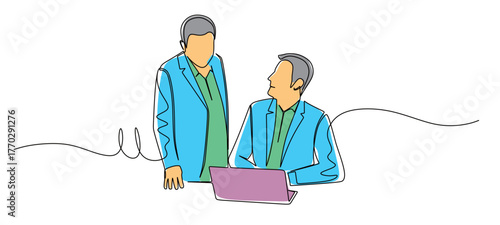 Continuous line art of a male worker showing his work on a laptop to his boss. Vector illustration with attractive colors.