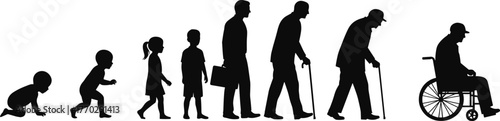 Silhouette of human life stages, evolution from childhood to old age, growth concept, aging process, timeline of life, generation illustration