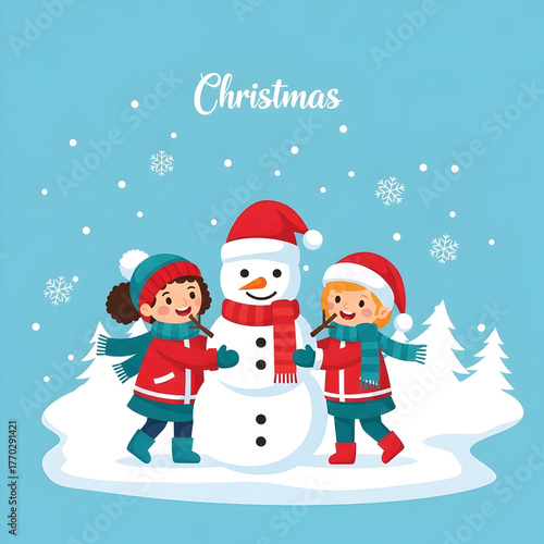 Children Building a Snowman Illustration for Winter Holidays