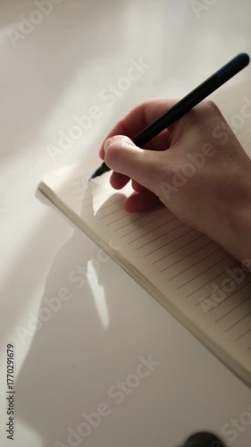 Hand writing journaling. Beautiful light slow motion video. Gratitude journal, mental self care, mindfulness, self reflection, creatine writing. Concept of education, self planning, to do list.