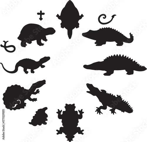 Dinosaur silhouettes and prehistoric creatures reptile