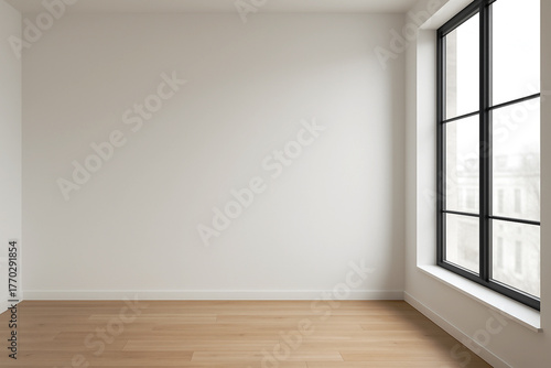 Minimalist Empty Room with Wooden Floor and Large Window in Natural Light