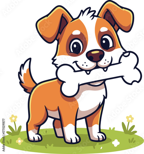 Adorable cartoon puppy dog with floppy ears happily holding a large bone in its mouth on a grassy field