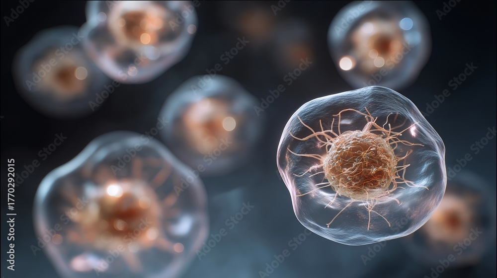 Obraz premium Scientific visualization of transparent multicellular structures with detailed nucleus and filamentous networks, symbolizing molecular medicine, biomedical research, and genetic architecture