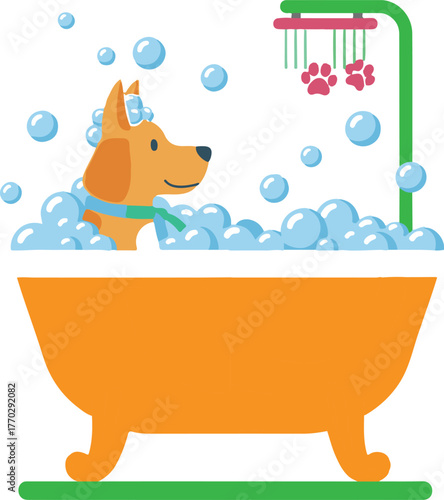 Cute cartoon dog enjoying a bubbly bath in a vintage clawfoot tub with a shower head